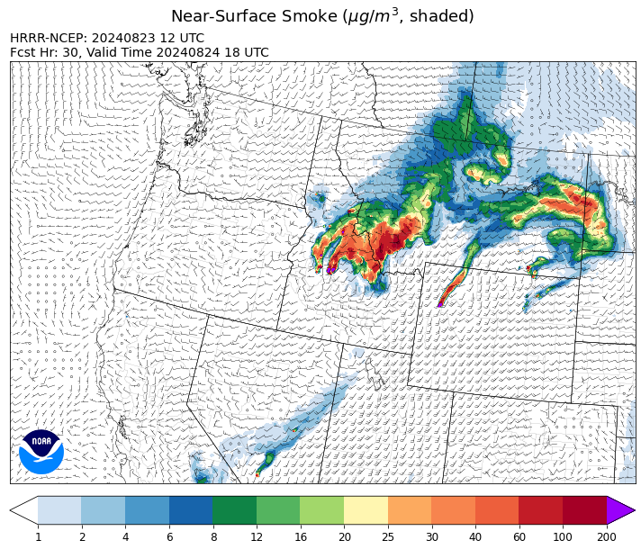 By midday Saturday, the HRRR smoke model shows smoke moving into Montana from wildfires burning in Idaho and Wyoming.